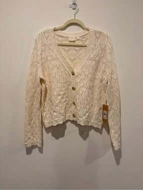Cyrus Cream Open-Knit V-Neck Button Cardigan